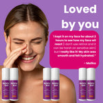 A promotional graphic for Olivia + Eve facial mist with a woman touching her face, several spray bottles shown along the bottom, and a pink quote box on a purple background.