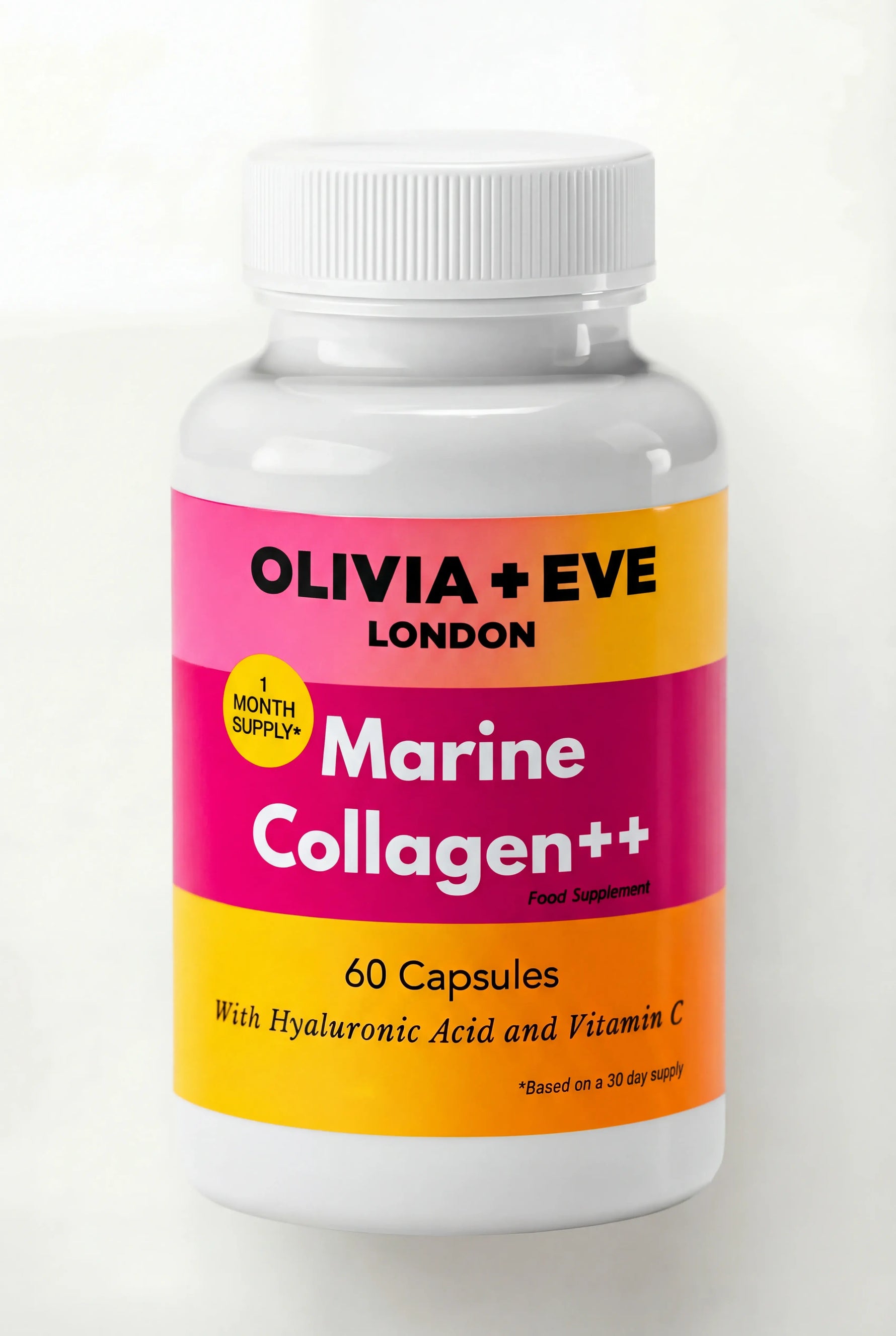 Olivia + Eve London Marine Collagen++ supplement bottle on a white background