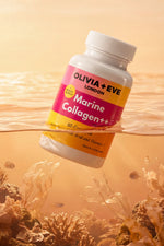 Marine Collagen supplement bottle with coral and fish in the background