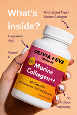 Olivia + Eve Marine Collagen supplement bottle held by a hand with text highlighting ingredients on a peach background