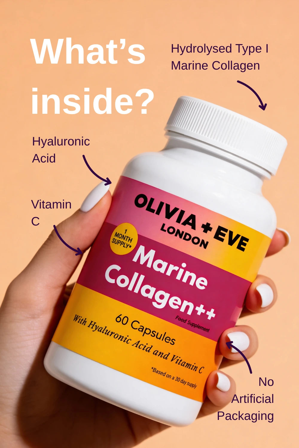 Olivia + Eve Marine Collagen supplement bottle held by a hand with text highlighting ingredients on a peach background