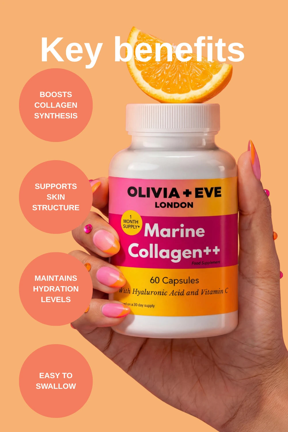 Olivia + Eve London Marine Collagen++ supplement bottle held by a hand with an orange slice on a peach background.