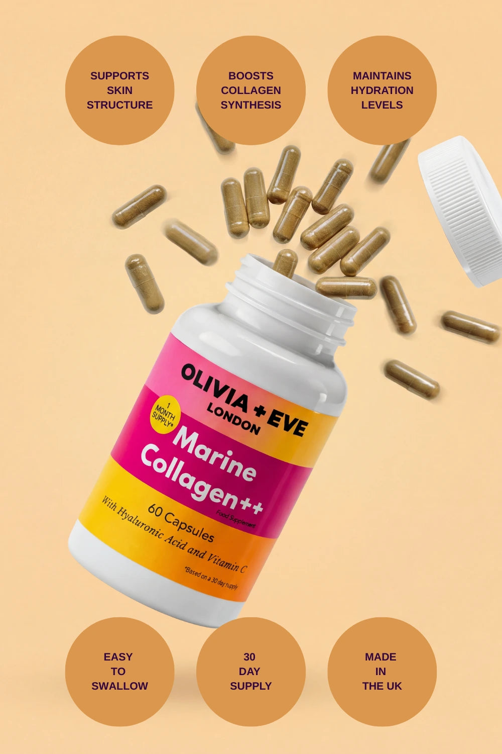 Olivia + Eve Marine Collagen++ supplement bottle with capsules on a beige background