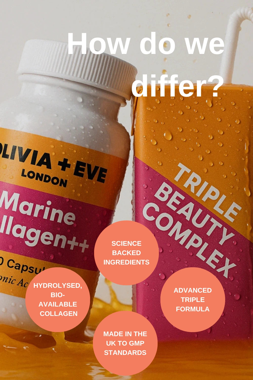 Two supplement bottles with labels and text about differences.