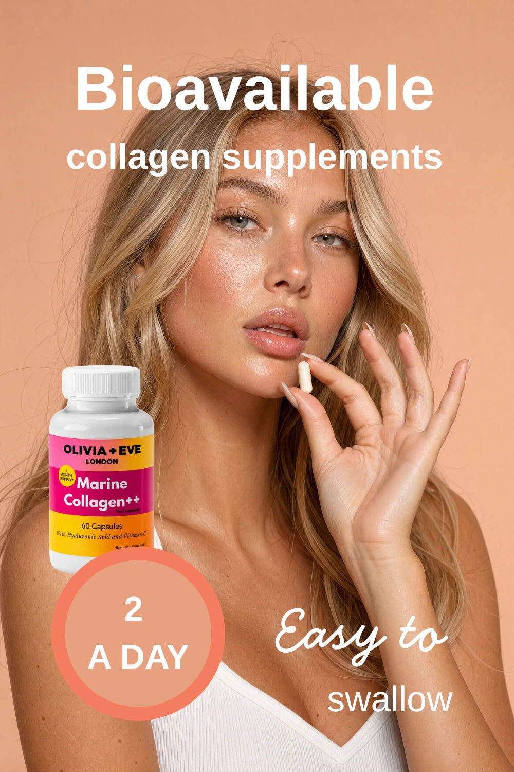 Woman with a bottle of Olivia + Eve collagen supplement on a beige background