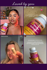 Collage of people holding Olivia + Eve Marine Collagen supplement with text 'Loved by you' at the top.