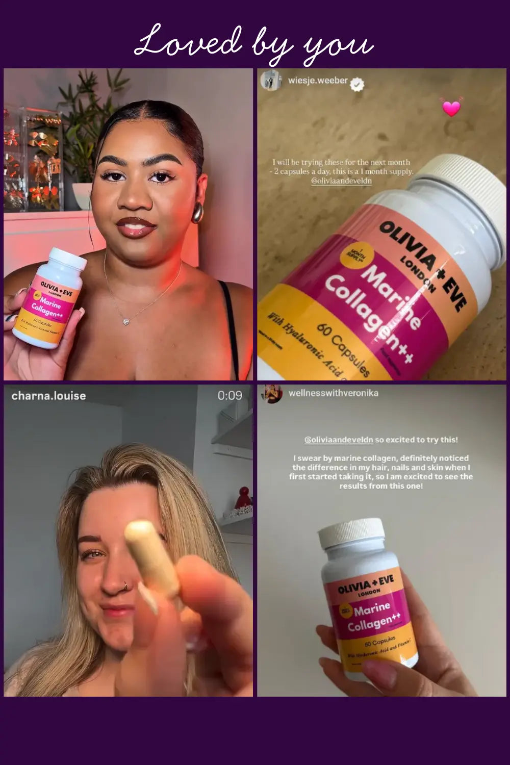 Collage of people holding Olivia + Eve Marine Collagen supplement with text 'Loved by you' at the top.