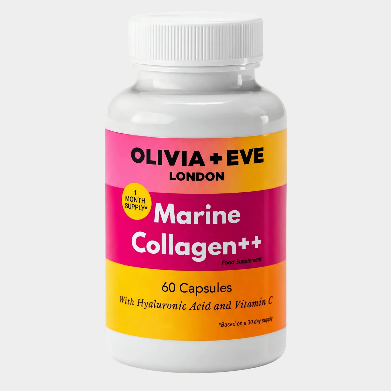 A white plastic bottle of Olivia + Eve Marine Collagen++ food supplement with a white cap, featuring a pink and yellow label.