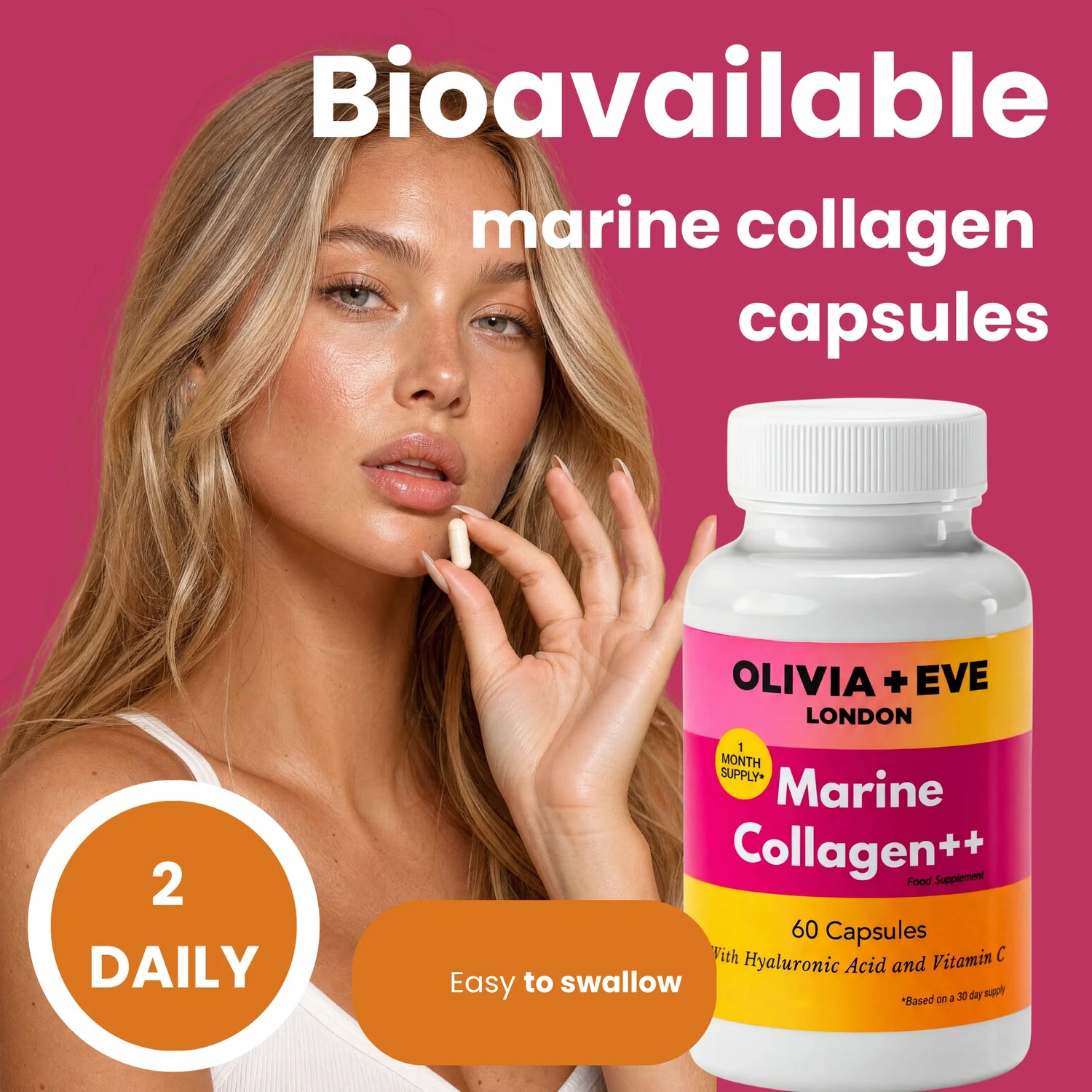 A woman holds a small capsule near her mouth beside a white bottle of Olivia + Eve Marine Collagen++ capsules, set against a pink background with promotional text including 'Bioavailable marine collagen capsules' and '2 Daily'.