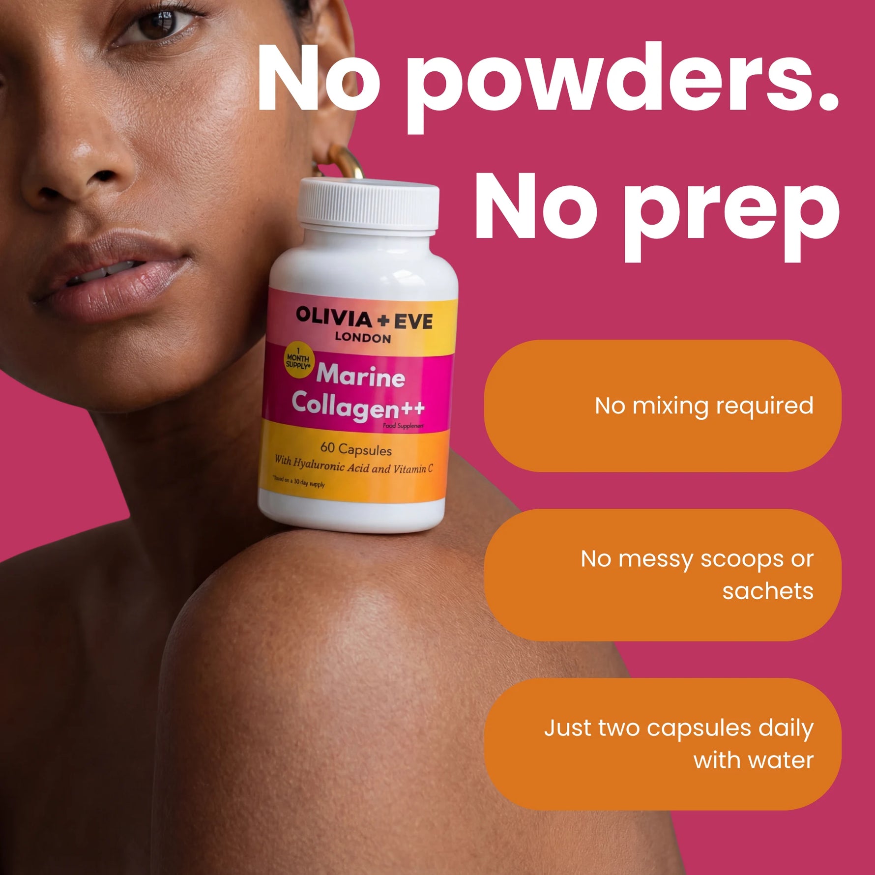 A close-up of a woman holding a bottle of OLIVIA + EVE Marine Collagen+ capsules against a pink background with promotional text.