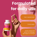 A hand holds a white bottle of Olivia + Eve Marine Collagen++ capsules next to a pink textured handbag on a pink background, with promotional text reading 'Formulated for daily use' and usage callouts.