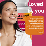 A smiling woman in a white top is shown next to a supplement bottle with a pink and orange label, alongside promotional text reading 'Loved by you' and a customer testimonial box.