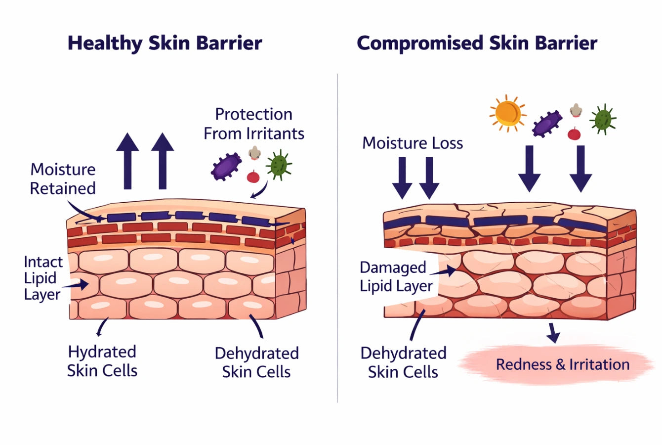 Diagram comparing healthy and compromised skin barriers with labels and illustrations.