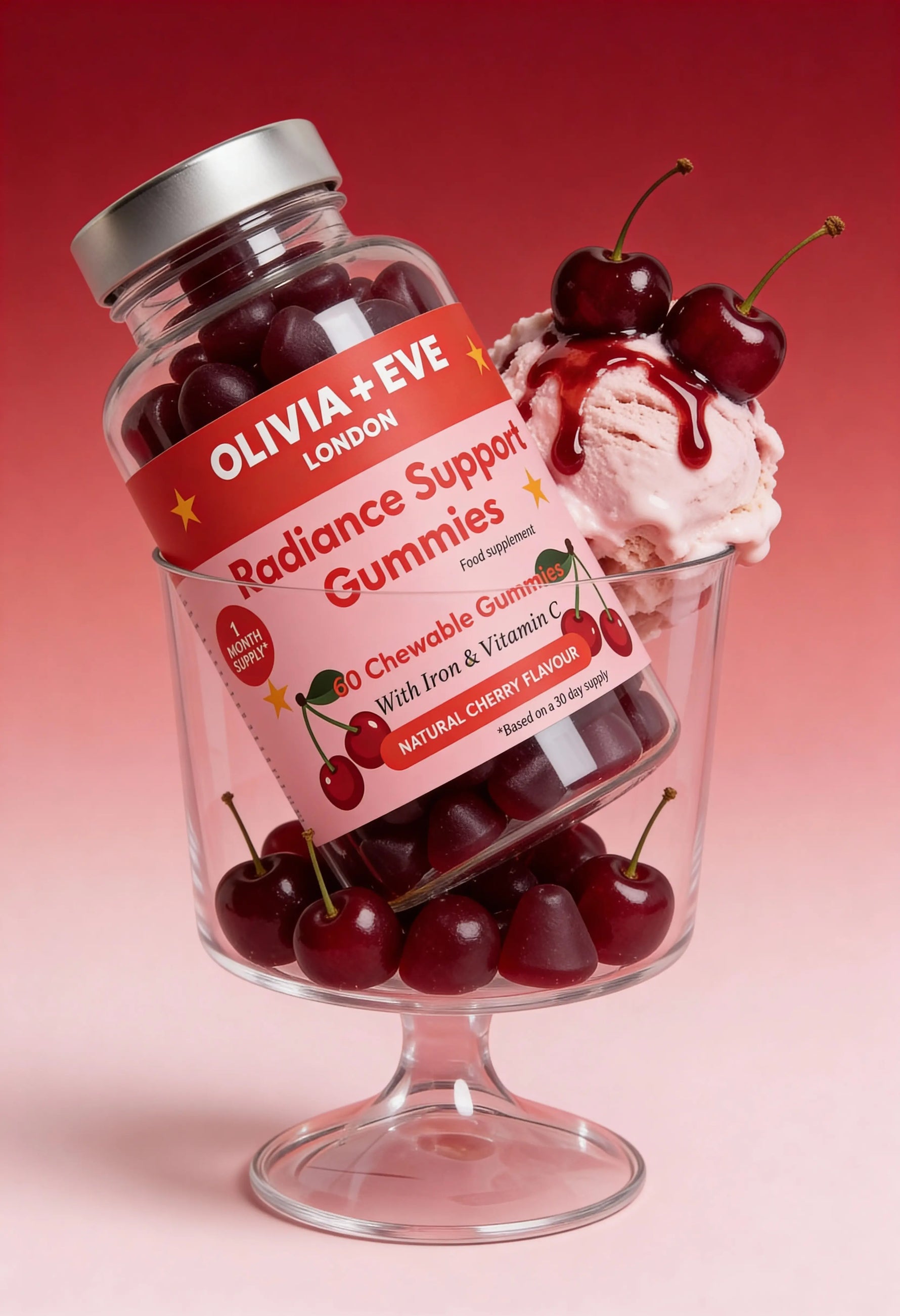 Olivia+Eve Radiance Support Gummies jar with cherries and ice cream on a pink background