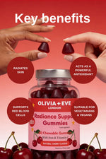 Olivia + Eve Radiance Support Gummies packaging with cherry gummies and text on a red background