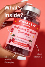 Olivia + Eve Radiance Support Gummies container with text on a pink background