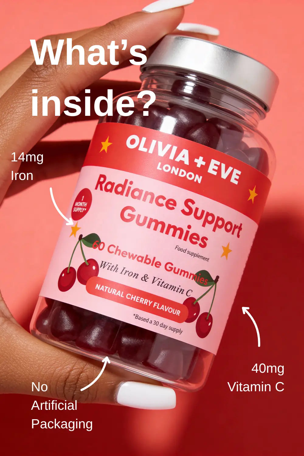 Olivia + Eve Radiance Support Gummies container with text on a pink background