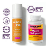Olivia + Eve skincare product lineup featuring a white bottle of Marine Collagen++ capsules and a white pump bottle of Advanced Radiance Serum with orange and pink labels, shown alongside GMP, clinically tested, and Made in UK badges on a white background.