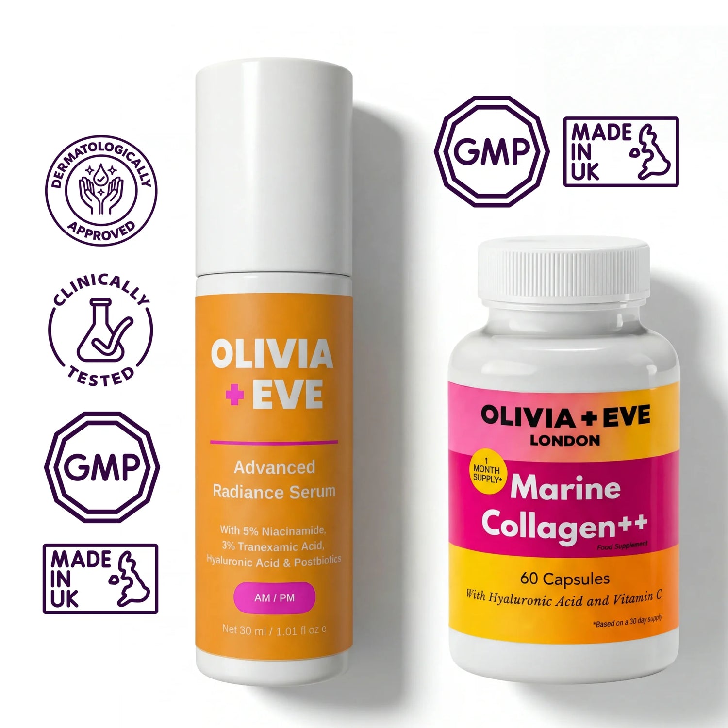Olivia + Eve skincare product lineup featuring a white bottle of Marine Collagen++ capsules and a white pump bottle of Advanced Radiance Serum with orange and pink labels, shown alongside GMP, clinically tested, and Made in UK badges on a white background.