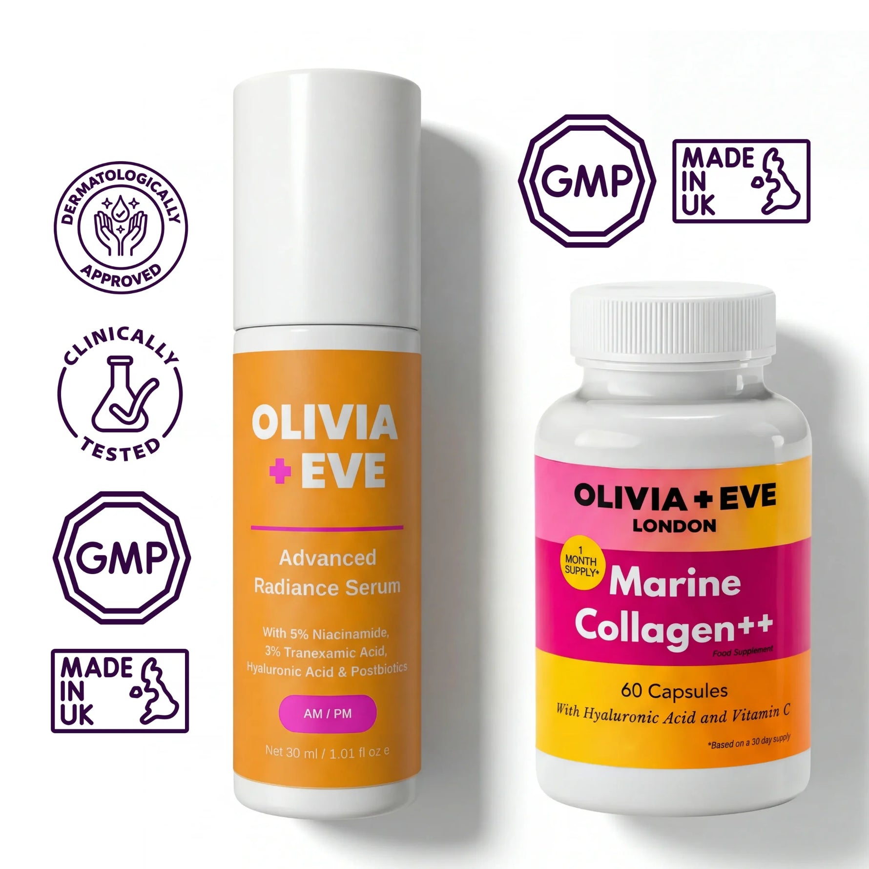 Olivia + Eve skincare product lineup featuring a white bottle of Marine Collagen++ capsules and a white pump bottle of Advanced Radiance Serum with orange and pink labels, shown alongside GMP, clinically tested, and Made in UK badges on a white background.