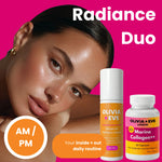 Olivia Eve Radiance Duo skincare and supplement set featuring a woman's face on a bright pink background, alongside a white Advanced Radiance Serum bottle and a Marine Collagen+ capsules bottle.
