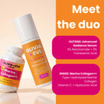 Olivia Eve skincare and supplement duo advertisement featuring a Marine Collagen++ bottle and an Advanced Radiance Serum serum on a warm beige background with a bright orange text panel.