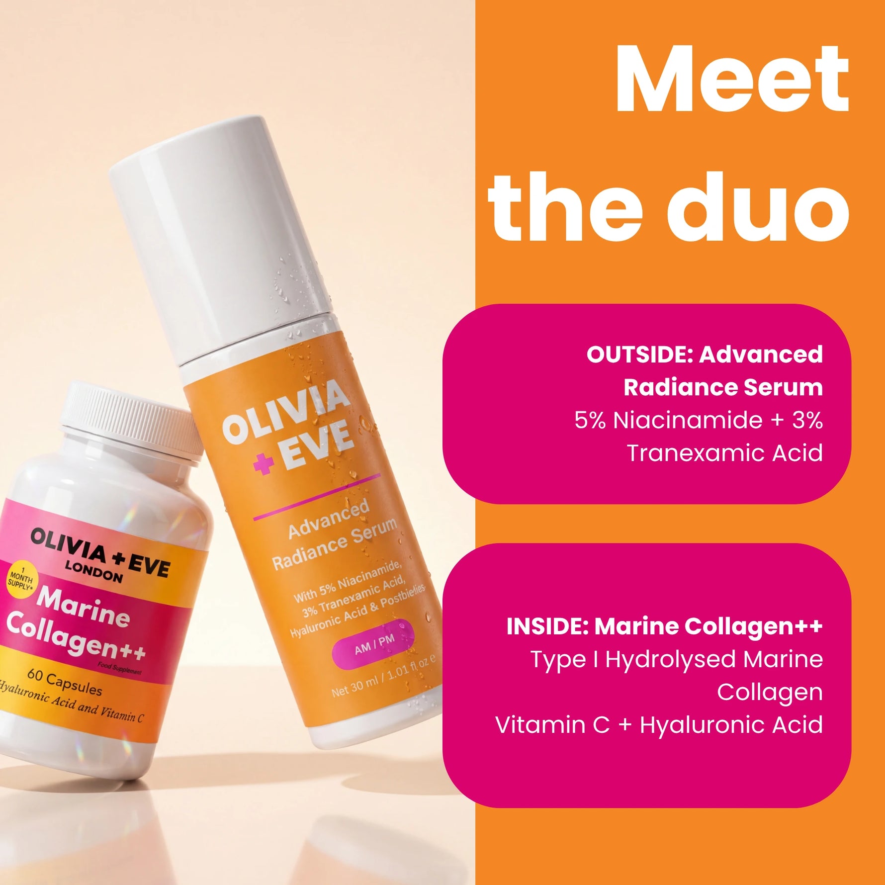 Olivia Eve skincare and supplement duo advertisement featuring a Marine Collagen++ bottle and an Advanced Radiance Serum serum on a warm beige background with a bright orange text panel.