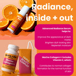 Promotional collage for Olivia + Eve skincare on an orange background. It shows the Advanced Radiance Serum bottle, Marine Collagen++ supplement bottle, and a Triple Beauty Complex drink cup, with orange slices and marketing text about skin benefits.