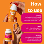 An orange and magenta promotional graphic with hands holding an Olivia + Eve Advanced Radiance Serum bottle and a Marine Collagen++ supplement bottle, alongside text showing morning, daily, and evening application instructions.