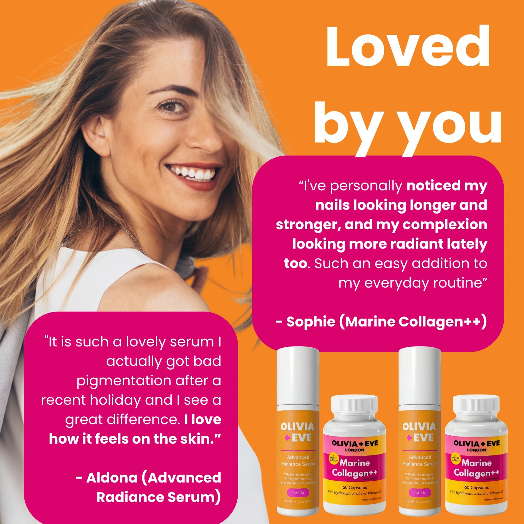 Promotional graphic for Olivia Eye Marine Collagen++ serum featuring a smiling woman on an orange background with customer testimonials in pink text boxes and three bottles of the product at the bottom.
