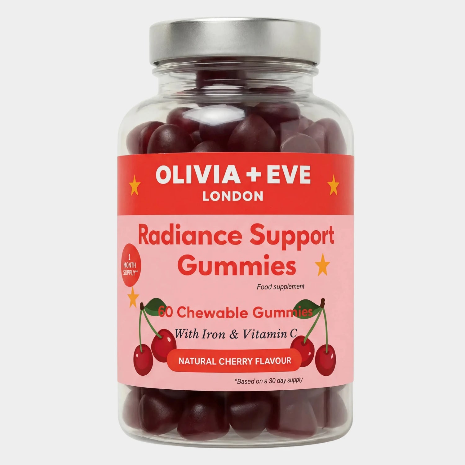 A clear plastic bottle of Olivia + Eve Radiance Support Gummies with a silver cap and a pink label featuring cherry illustrations, set against a light gray background.