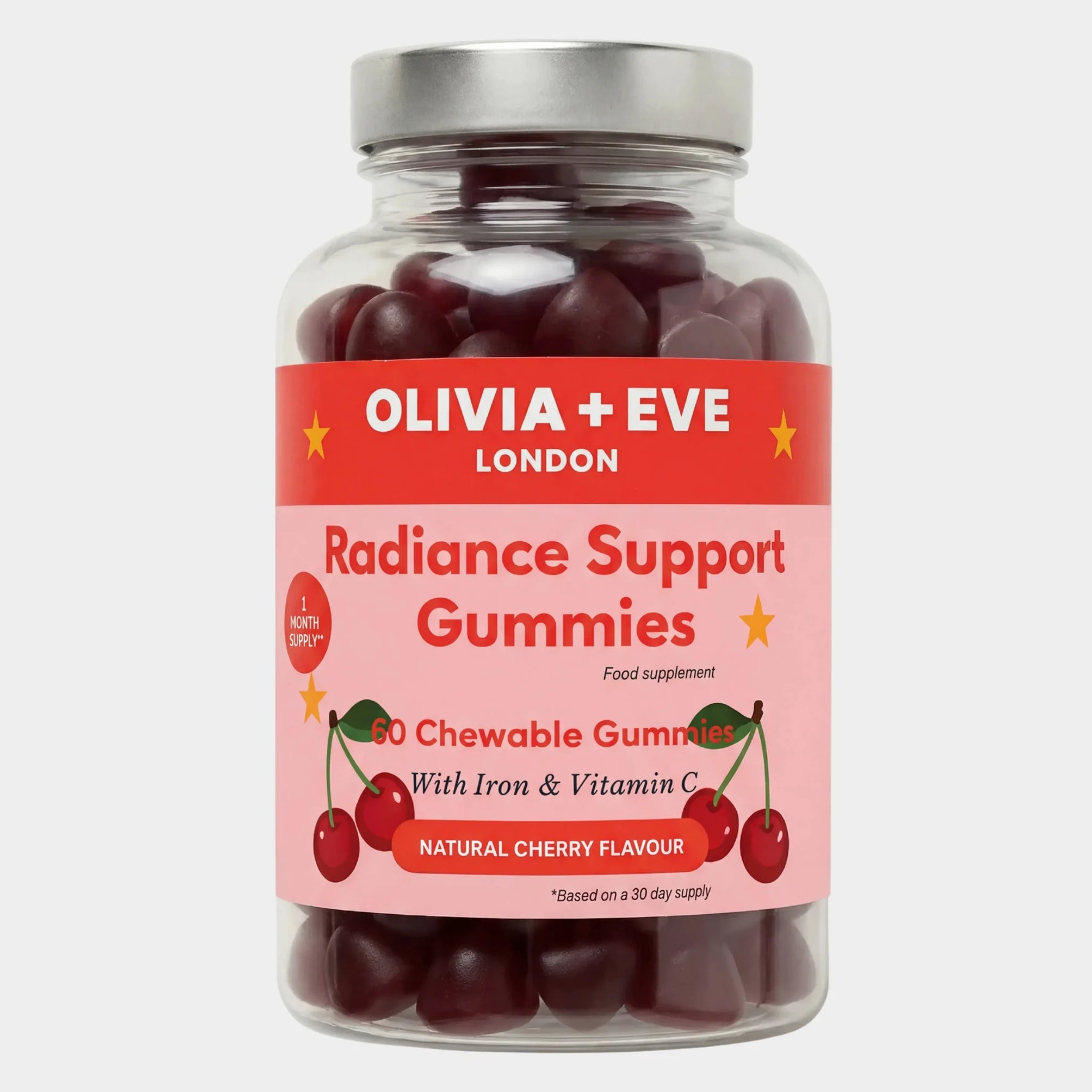 A clear plastic bottle of Olivia + Eve Radiance Support Gummies with a silver cap and a pink label featuring cherry illustrations, set against a light gray background.