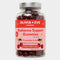 A clear plastic bottle of Olivia + Eve Radiance Support Gummies with a silver cap and a pink label featuring cherry illustrations, set against a light gray background.