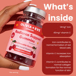 A hand holds a bottle of Olivia + Eve Radiance Support Gummies against a coral background with informational text detailing the ingredients and benefits.