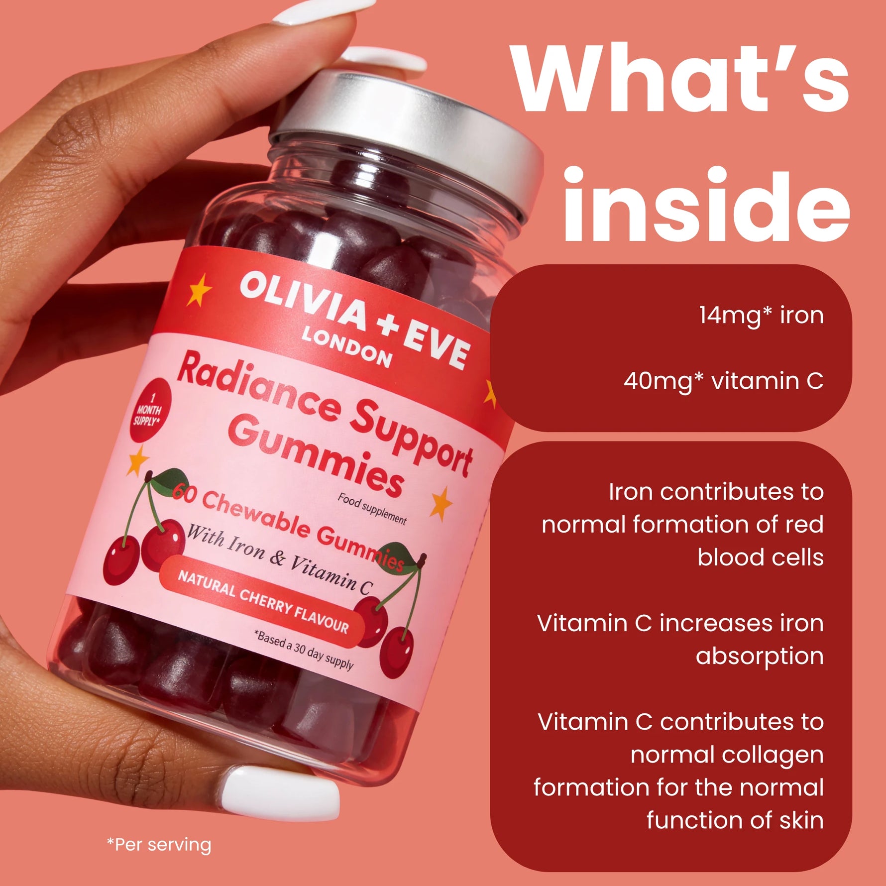 A hand holds a bottle of Olivia + Eve Radiance Support Gummies against a coral background with informational text detailing the ingredients and benefits.