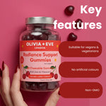 A hand holds a bottle of Olivia + Eve Radiance Support Gummies against a pink background with feature callouts on the right.