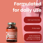 Olivia + Eve Radiance Support Gummies bottle shown next to a pink handbag on a coral background, with marketing text reading 'Formulated for daily use' and feature callouts.