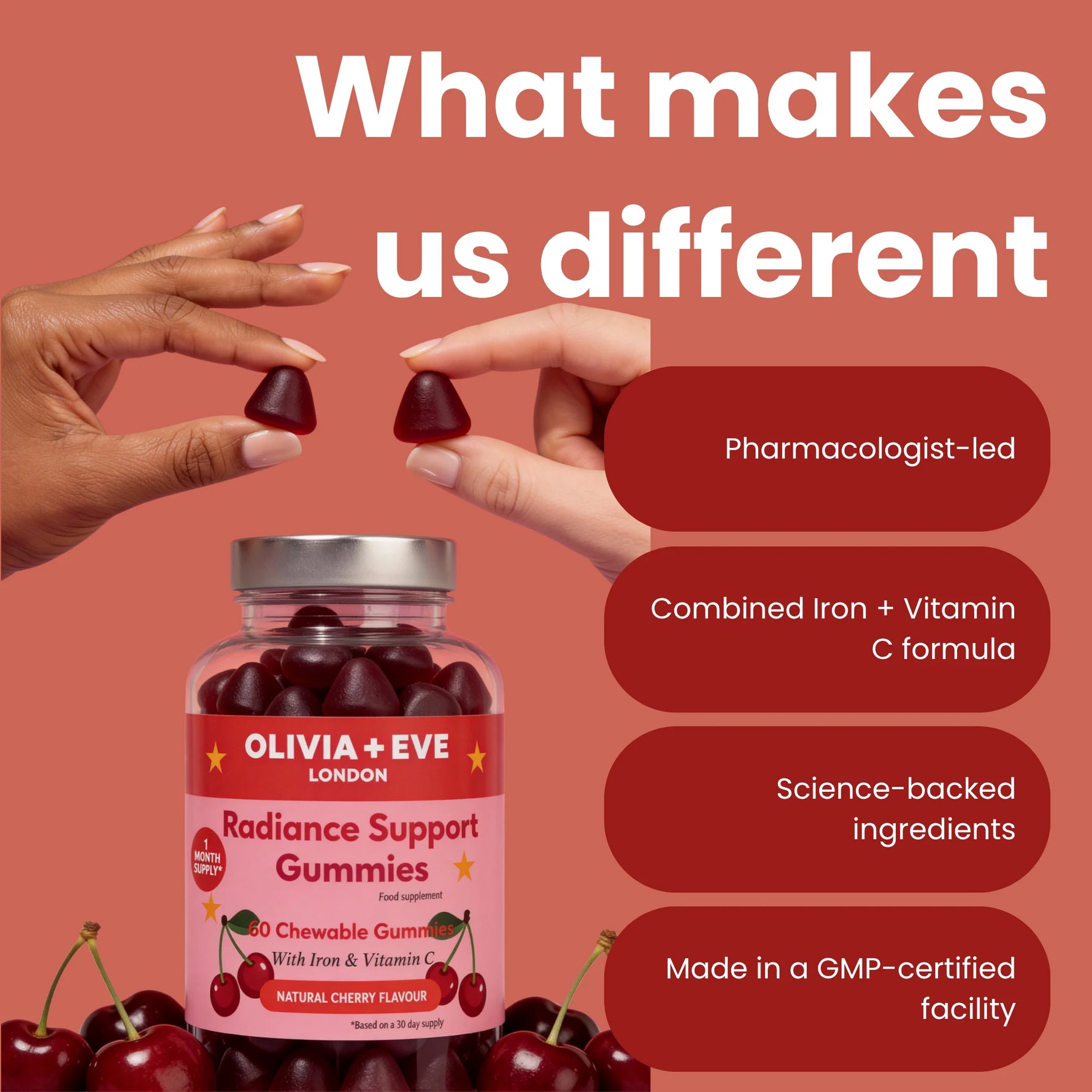 Promotional graphic for Olivia + Eve Radiance Support Gummies, showing a jar of dark red chewable gummies with hands holding two gummies above the bottle. Large white text reads 'What makes us different' with four dark red callout boxes listing key selling points: pharmacologist-led, combined iron and vitamin C formula, science-backed ingredients, and made in a GMP-certified facility.