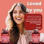 A smiling woman is shown against a coral background with two jars of Olivia + Eve Radiance Support Gummies at the bottom and large promotional text on the right, including a customer quote attributed to Georgie.