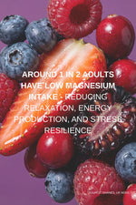 Fruit including strawberries, blueberries, and raspberries with text about magnesium intake on a purple background