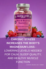 Olivia + Eve London Rest & Recover Gummies bottle with fruits on a purple background