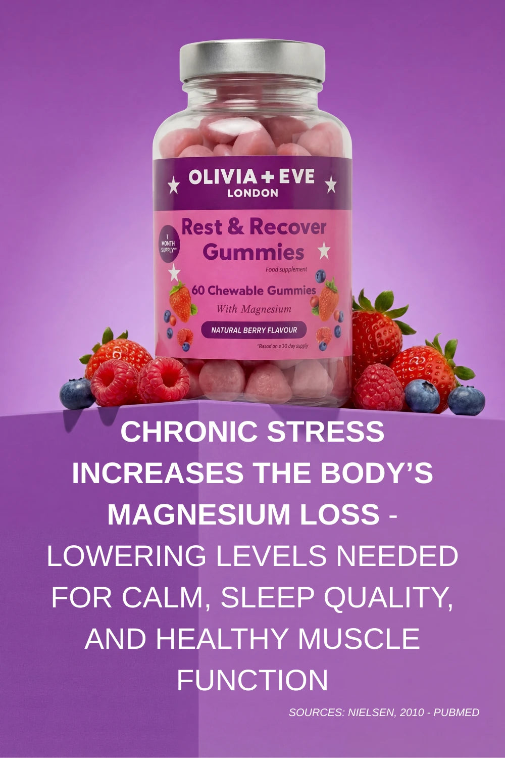 Olivia + Eve London Rest & Recover Gummies bottle with fruits on a purple background