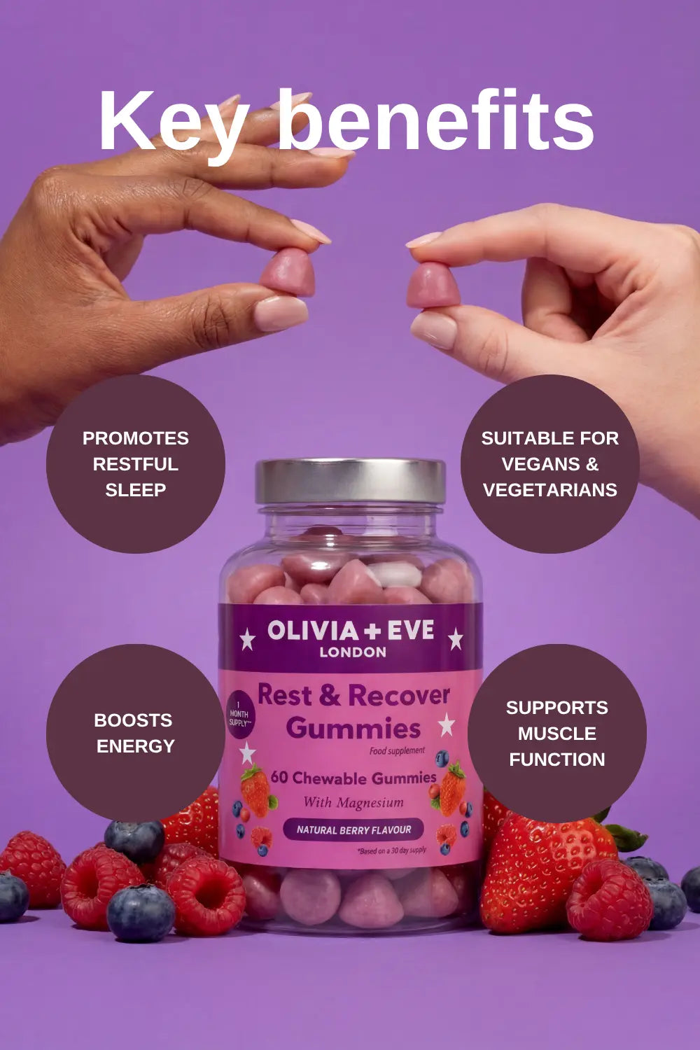 Olivia + Eve Rest & Recover Gummies packaging with hands holding it on a purple background