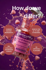 Olivia + Eve Rest & Recover Gummies bottle with water splash on a purple background