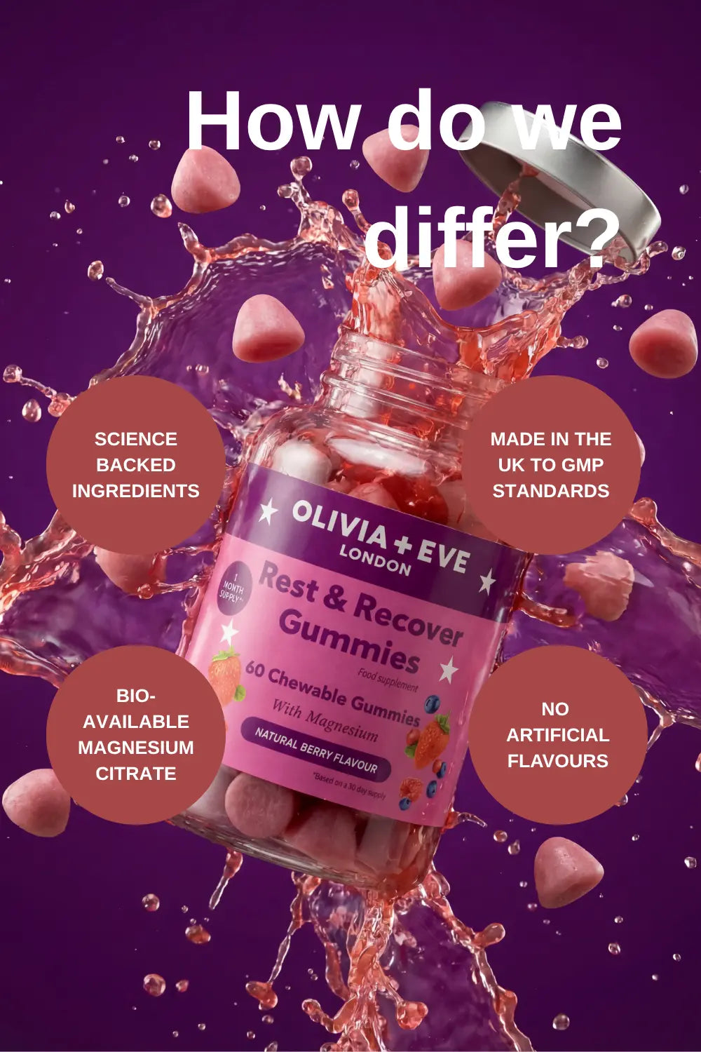 Olivia + Eve Rest & Recover Gummies bottle with water splash on a purple background
