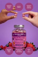 Olivia + Eve Rest & Recover Gummies packaging with hands holding gummies against a purple background