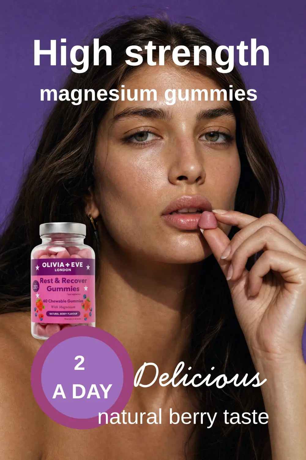 Woman with a bottle of magnesium gummies against a purple background
