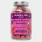 A clear plastic bottle of Olivia + Eve Rest & Recover Gummies with a purple and pink label, filled with pink chewable gummies, on a light gray background.
