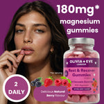 Olivia + Eve Rest & Recover Gummies bottle shown next to a woman touching her lips, with text reading 180mg magnesium gummies, 2 daily, and berry flavor on a purple background.