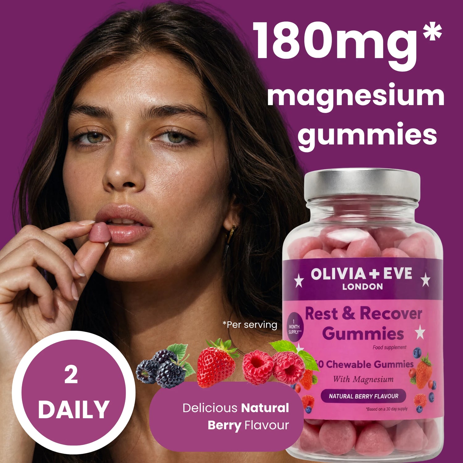 Olivia + Eve Rest & Recover Gummies bottle shown next to a woman touching her lips, with text reading 180mg magnesium gummies, 2 daily, and berry flavor on a purple background.